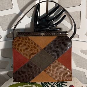 Vintage Patchwork Top-Handle Bag in Brown and Tan